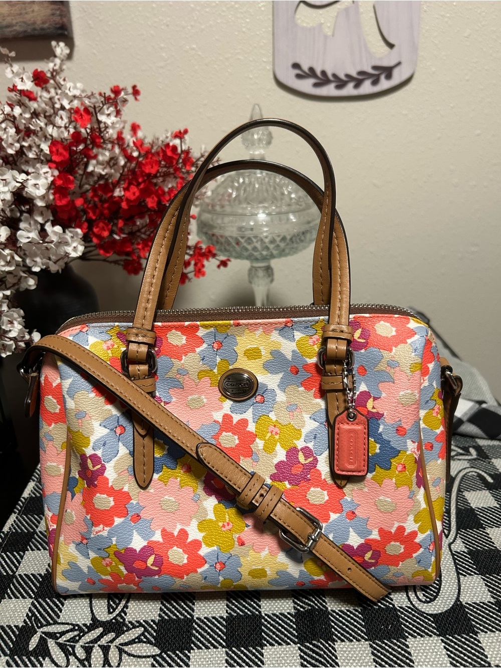 Coach Peyton Floral Bennett Leather Mini Satchel in Multi Pink Coral Like New!